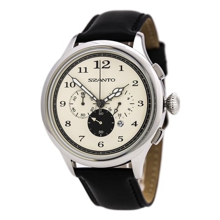 Szanto Men's 2402 Unisex 2400 Series Chronograph Beige Dial Black Leather Strap Watch