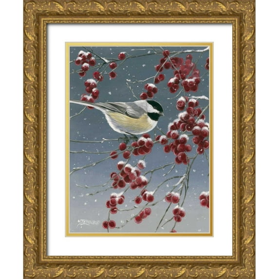 Szatkowski, Fred 19x24 Gold Ornate Wood Framed with Double Matting Museum Art Print Titled - Winter Chickadees I