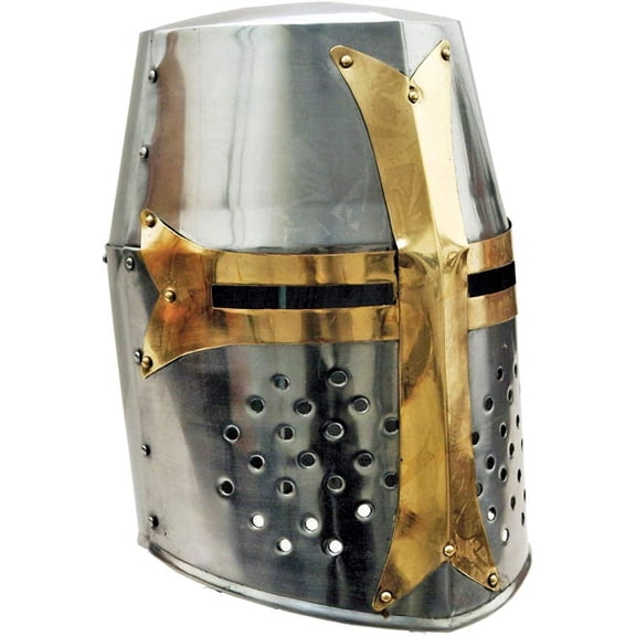 SZCO Handmade Brass Great Helmet Carbon Steel Style Armor Helmet with Brass Cross, Inner Lining & Adjustable Strap