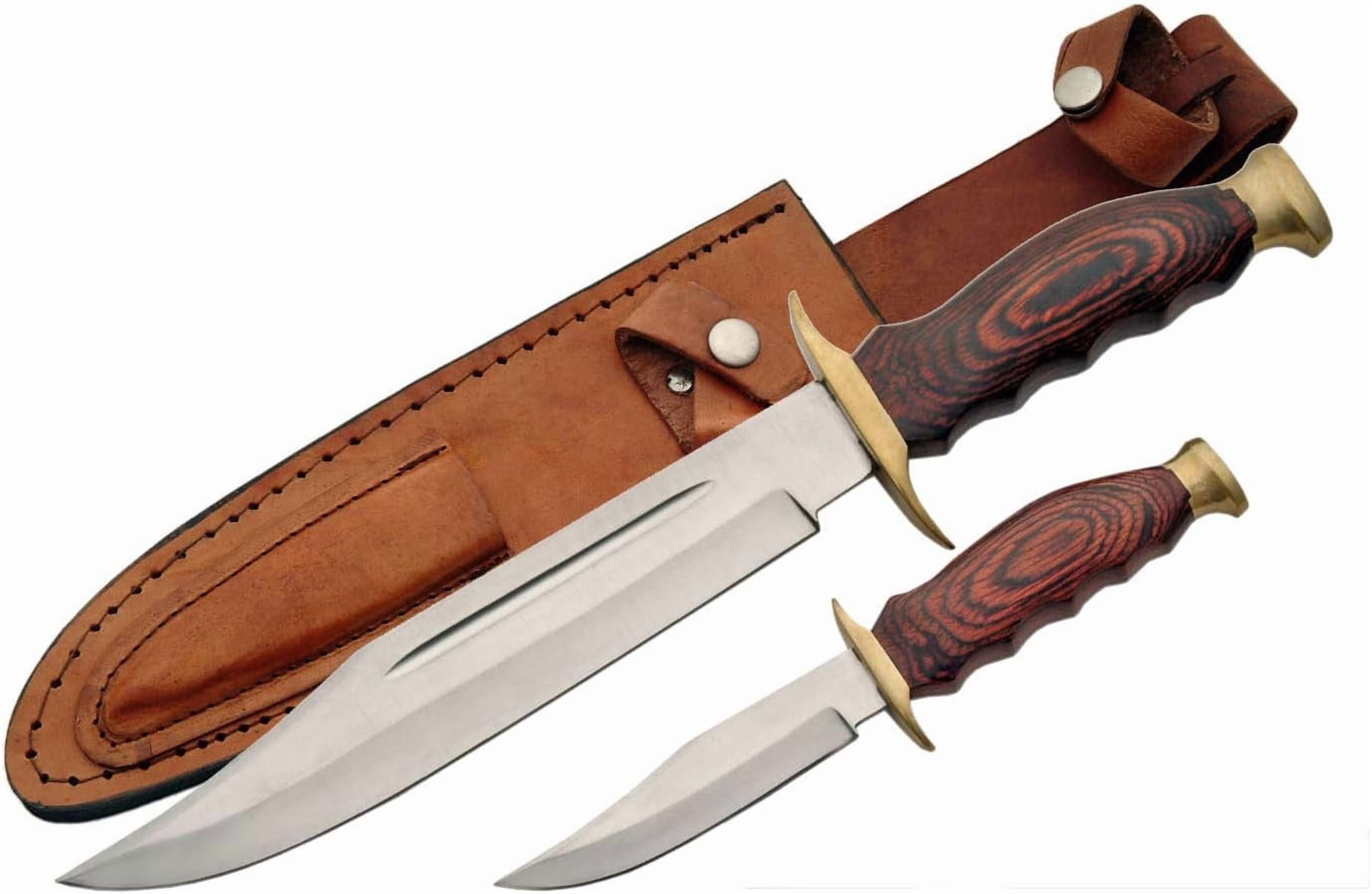 SZCO 2 Piece Fixed Blade Hunting Knife Set 8 Inch and 14 Inch Brown Wood Handle with Leather Sheath Outdoor Camping Utility Knife Combo
