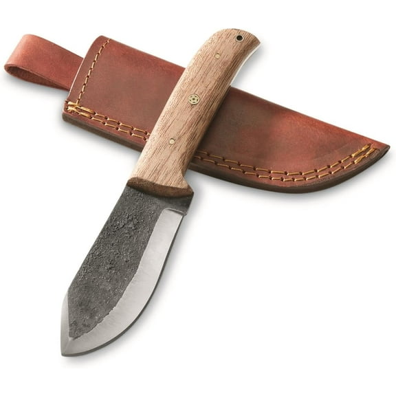 Szco Supplies 9" Hand-Forged Carbon Steel Hunting Knife with Wood Handle and Leather Sheath Full Tang Outdoor Knife