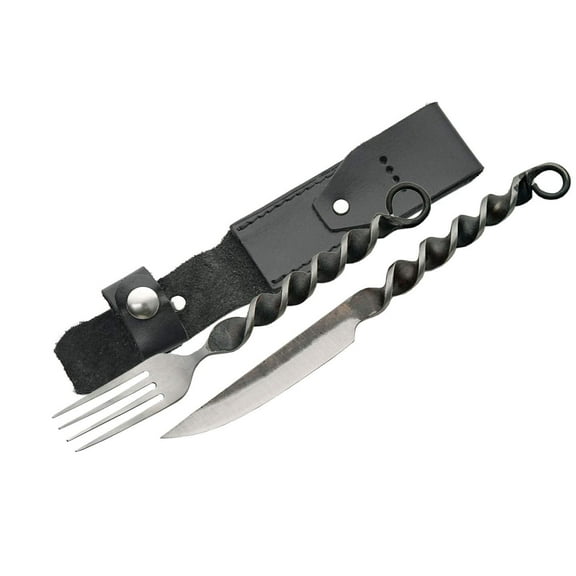 SZCO Supplies Medieval Fork and Knife Set with Leather Pouch, 9"