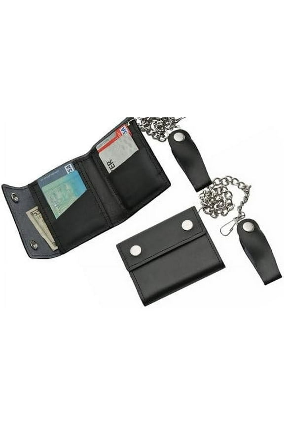 Supplies Medium Bi-Fold Biker Wallet 4.25" x 3.75" Leather Wallet with 12" Chain, Snap Belt Loop, Black