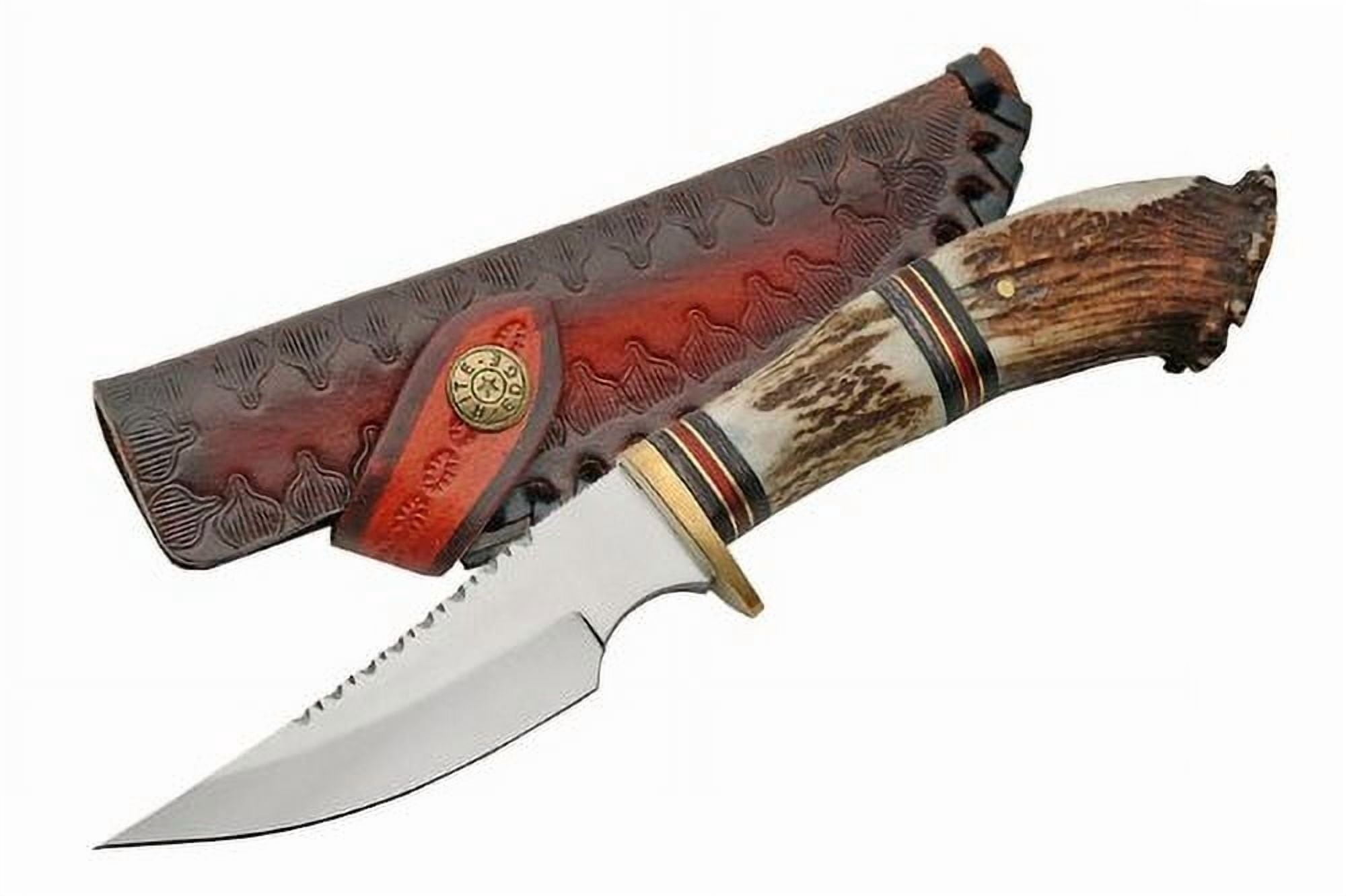SZCO Heritage 10-Inch Stag Crown Hunter Handcrafted Crown Stag Handle Hunting Knife Stainless Steel Blade with File Work Spine, Brass Guard, and Embossed Leather Sheath