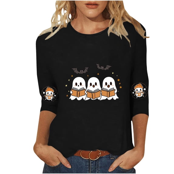 Szhihuiw Halloween Cute Tops for Women Crew Neck 3/4 Sleeve Shirts Plus Size Fashion Dressy Casual Blouses