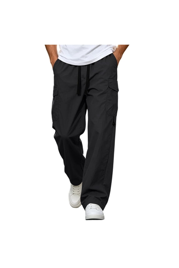Szhihuiw Mens Cargo Pants Casual Straight Fit High Wasited Drawstring Wide Leg Trousers with Pockets Plus Size Fashion