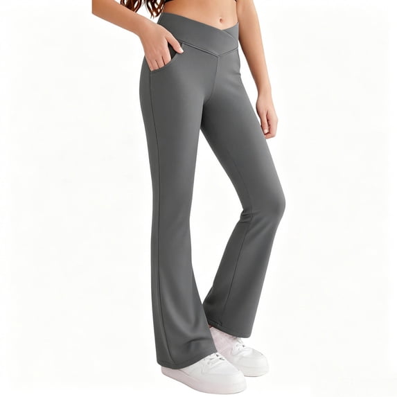 Szhihuiw Pants for Girls Crisscross High Waisted Flare Leggings Yoga Bootcut Pants with Pockets Full Length Bell Bottoms