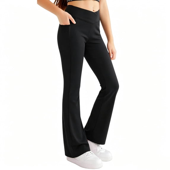 Szhihuiw Pants for Girls Crisscross High Waisted Flare Leggings Yoga Bootcut Pants with Pockets Full Length Bell Bottoms