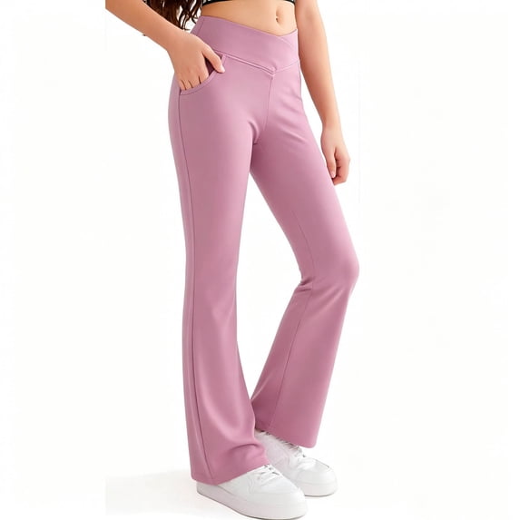 Szhihuiw Pants for Girls Crisscross High Waisted Flare Leggings Yoga Bootcut Pants with Pockets Full Length Bell Bottoms