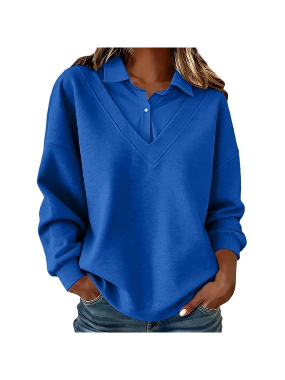 Tops for Women Trendy Fall 2 in 1 Layered Collared Long Sleeve Pullover Sweatshirts Plus Size Fashion