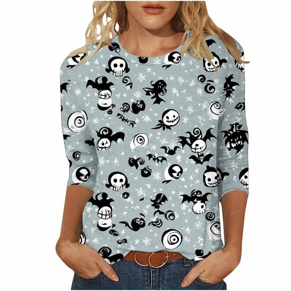 Szhihuiw Womens Shirts Halloween Crew Neck 3/4 Sleeve Tops Dressy Casual Blouses Plus Size Fashion Clothing