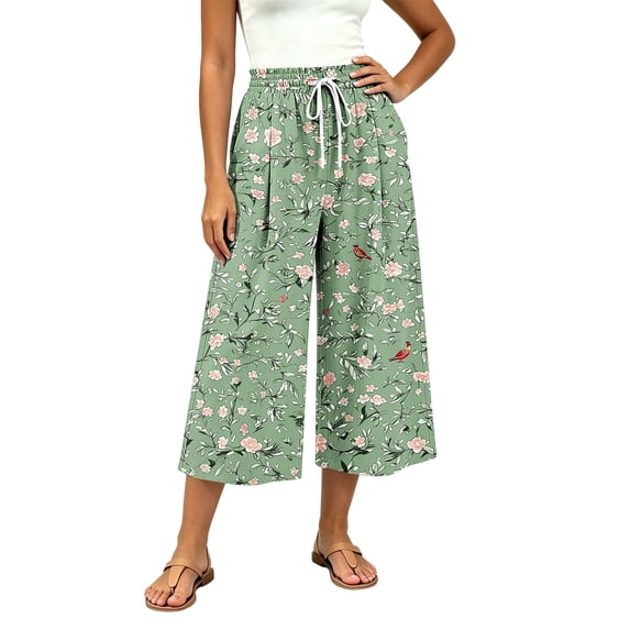 Szhihuiw Womens Trousers Casual Floral High Waisted Drawstring Cropped Summer Wide Leg Pants with Pockets