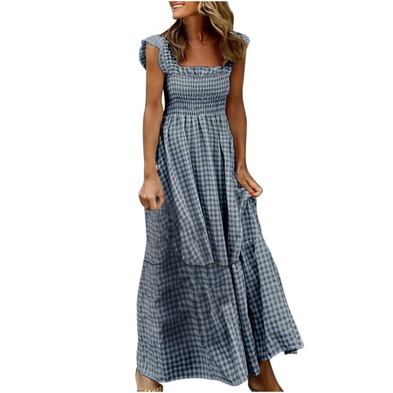 SzhihuiwLong Summer Dresses for Women Plaid Square Neck Sleeveless Ruffled Maxi Sundresses Summer Beach Vacation Dress