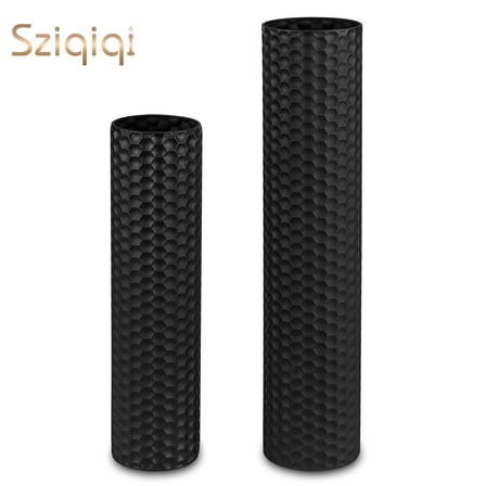 Sziqiqi 27.6" & 21.7" Tall Metal Floor Vases Set of 2: Modern Black Honeycomb Texture Cylinder Vases for Living Room, Bedroom, Office Decor - Wide Mouth Design for Dried Flowers