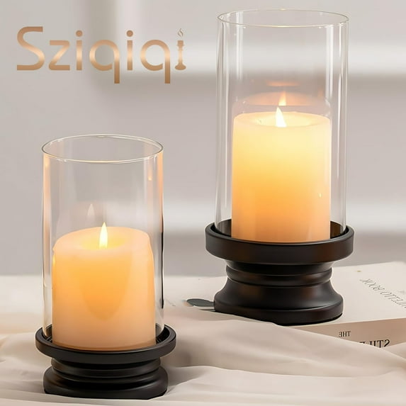 Sziqiqi Black Hurricane Candle Holder: Set of 2 Candle Holders for Pillar Candles with Clear Glass Sleeve Decorative Metal Pillars Stands for Wedding Party Christmas Holiday Dining Table Centerpiece