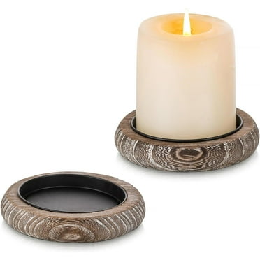 Sziqiqi Wood Candle Holder Farmhouse Decor - Pillar Candle Holders for Table Centerpiece Small Tray Riser Set of 2 Round Wooden Plate Pedestal Stand for Coffee Table Home Living Room, Whitewash