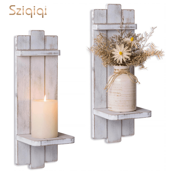 Sziqiqi Farmhouse Wall Sconces Set of 2: Rustic MDF Wood Candle Shelves for Bedroom, Living Room Decor (15.75in, Distressed White)