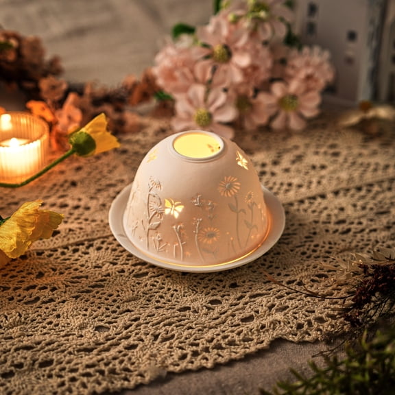 Sziqiqi Floral Butterfly Lithophane Ceramic Tealight Holder: Nordic Domed Candle Lantern with Embossed Relief Saucer Base Romantic Mood Lighting for Home Decor Meditation Gift Valentine's Day