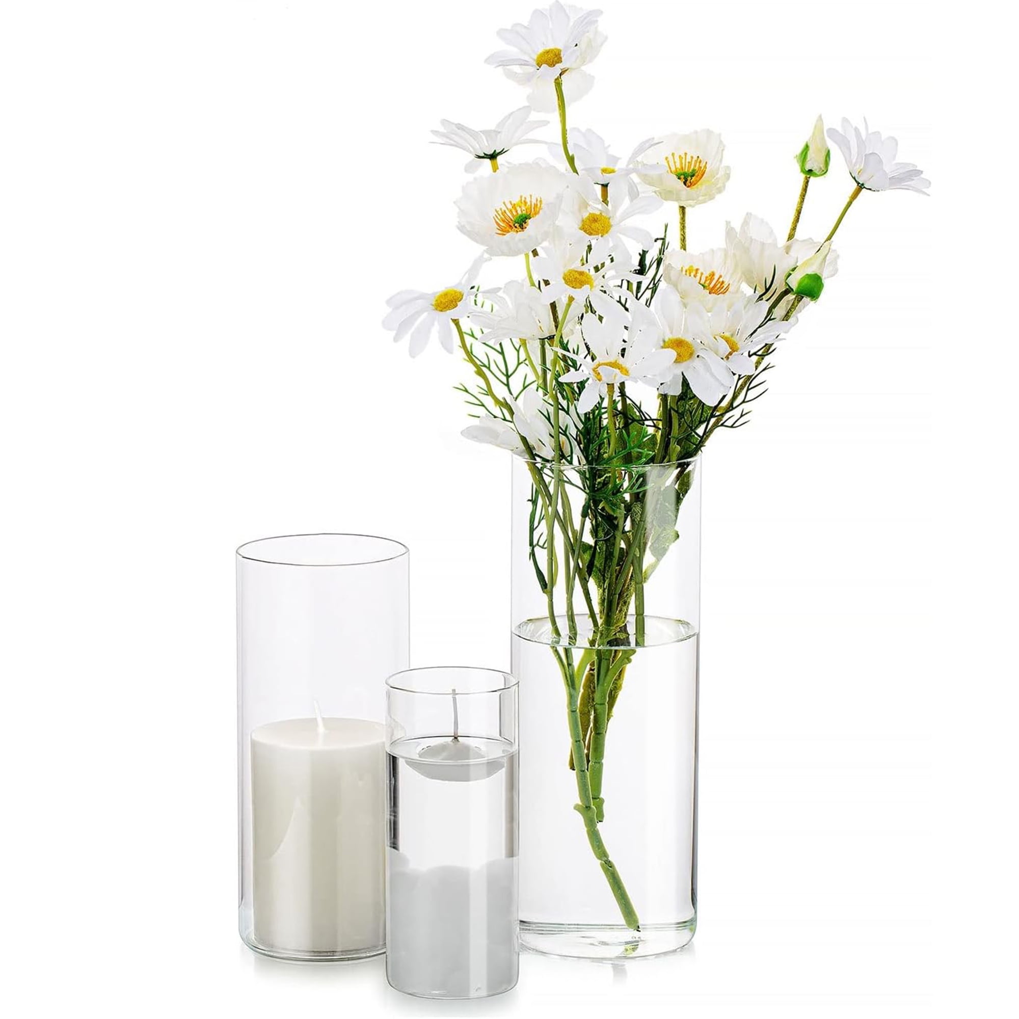 Sziqiqi Glass Cylinder Vases Set of 3 Clear Hurricane Vases for Centerpieces Cylinder Candle Holders for Table Centerpiece Glass Candle Cylinders Decorative Wedding Flower Vase, 6''+7.8''+10''