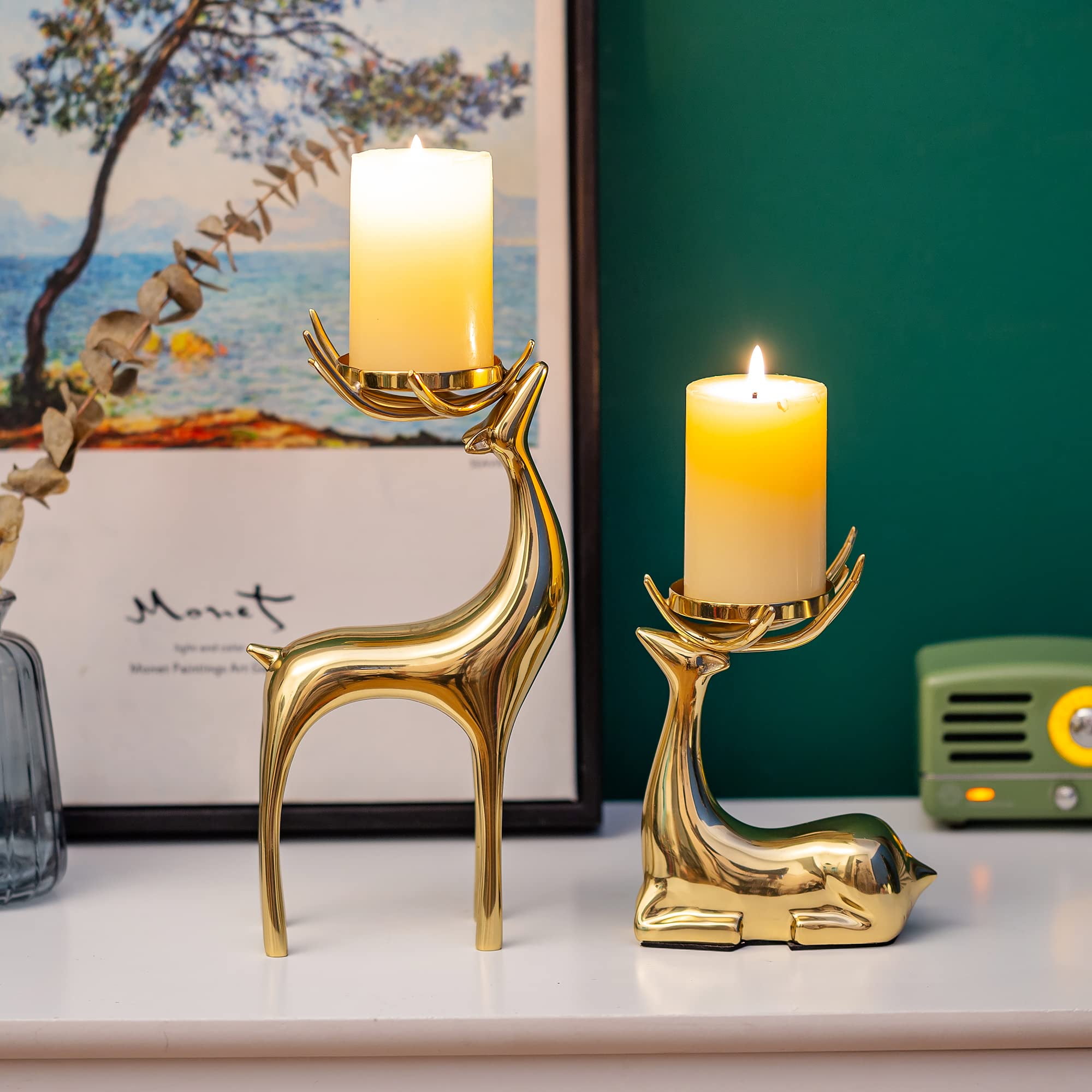 Sziqiqi Gold Reindeer Candle Holders Set of 2: Brass Standing Lying Deer Statue for Pillar Candles Christmas Home Decor Wedding Gift Table Centerpiece