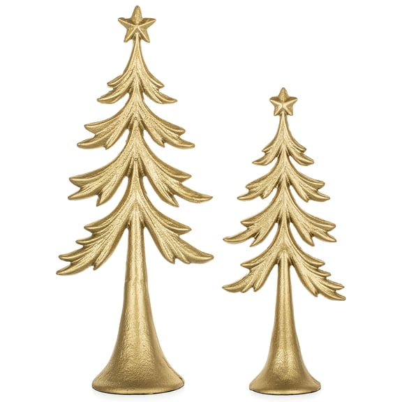Sziqiqi Gold Cast Iron Christmas Tree Figurines Set of 2, Heavy Duty Tabletop Decor for Fireplace Mantel Coffee Table Shelf Desk 11.8" and 9.4"