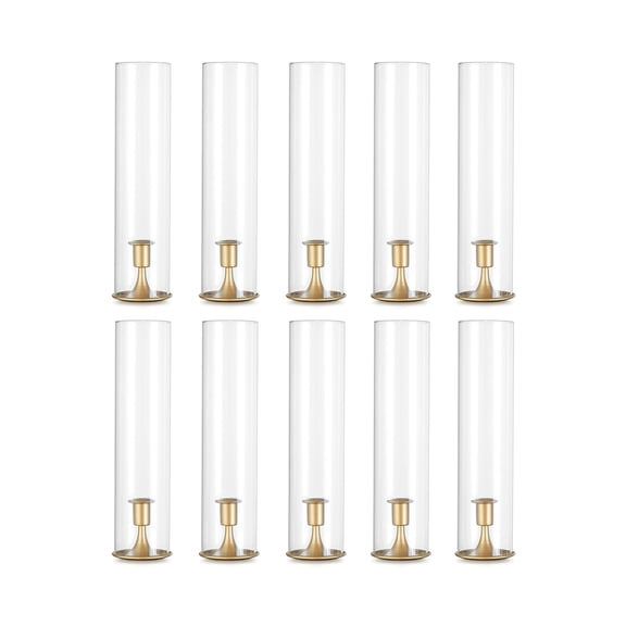Sziqiqi Gold Hurricane Candle Holders Set of 10 Clear Glass Cylinder Matte Metal Base for Taper Candles Wedding Centerpiece Home Decor 11.8in
