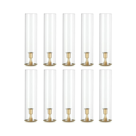 Sziqiqi Gold Hurricane Candle Holders Set of 10: Tall Clear Glass Cylinder with Matte Metal Base for Taper Candles, Wedding Centerpiece, Party & Home Decor 11.8in
