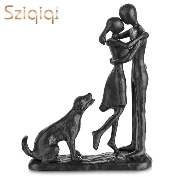 Sziqiqi Handmade Iron Couple & Dog Statue: Timeless Black Metal Art Piece for Bookshelf Mantel, Romantic Gift for Her 7.2”