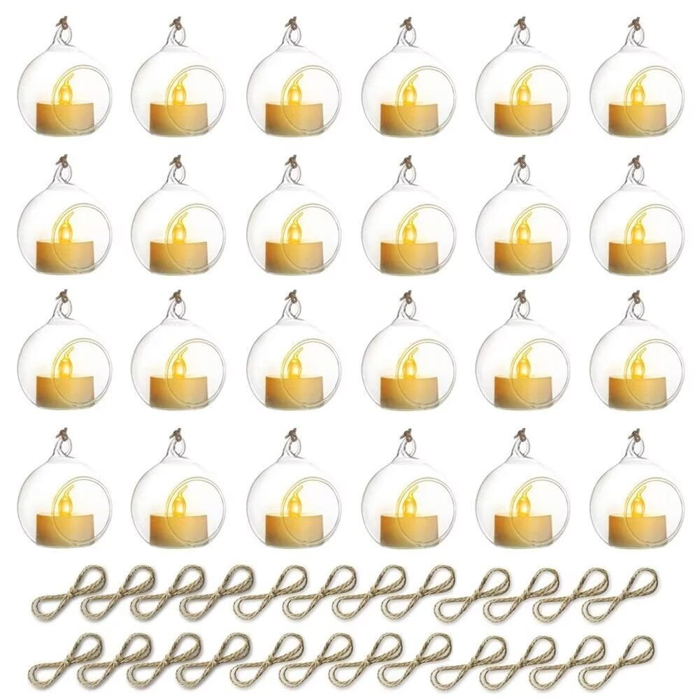 Sziqiqi Hanging Glass Globes Orbs Tea Light Candle Holders with Flameless LED Tealight for Wedding Ornaments, Wedding Birthday Christmas Party Centerpiece Accessory 2.36inch 20pcs +4 Extra