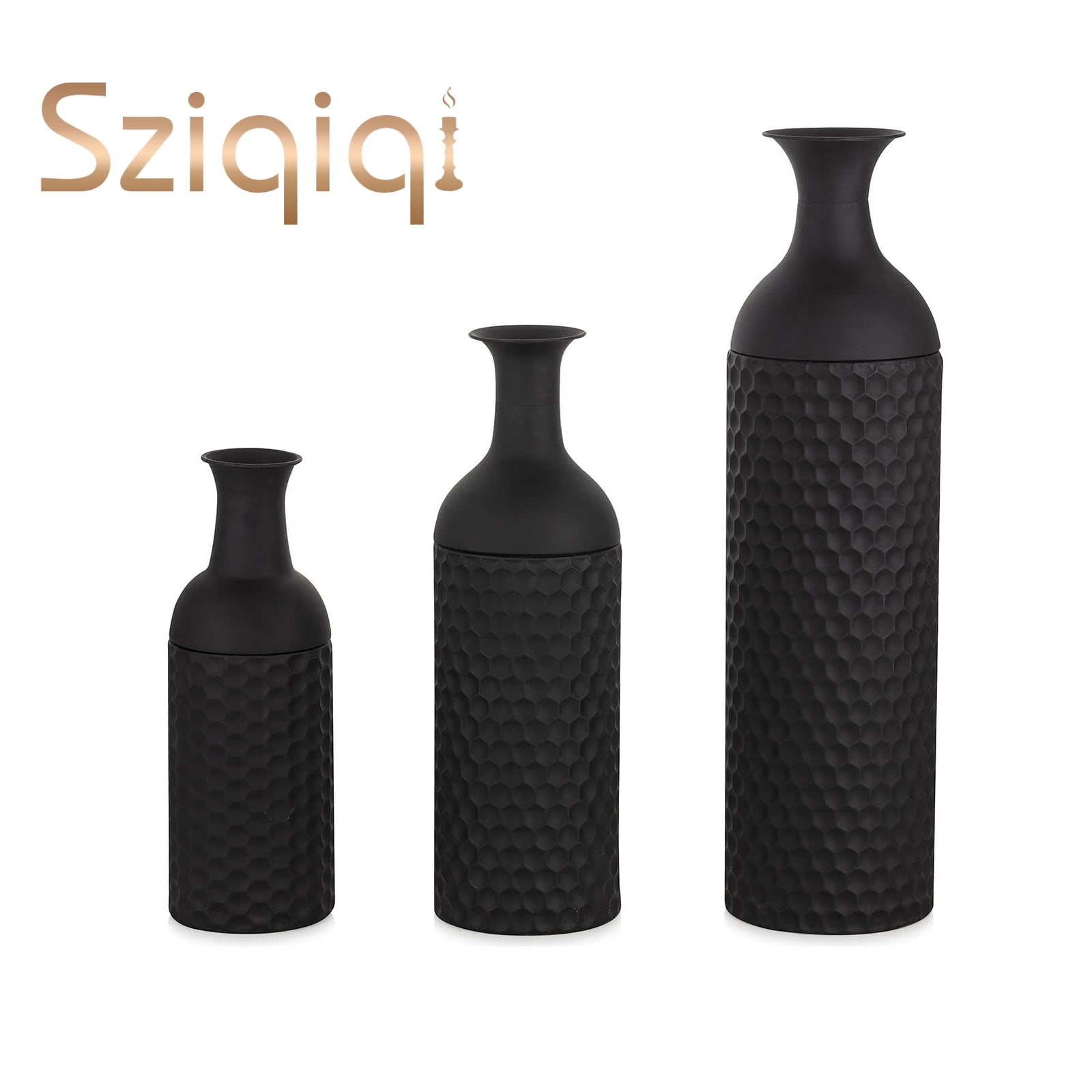 Sziqiqi Large Black Vases Set of 3: Metal Floor Standing Vase Modern Honeycomb Texture Big ...