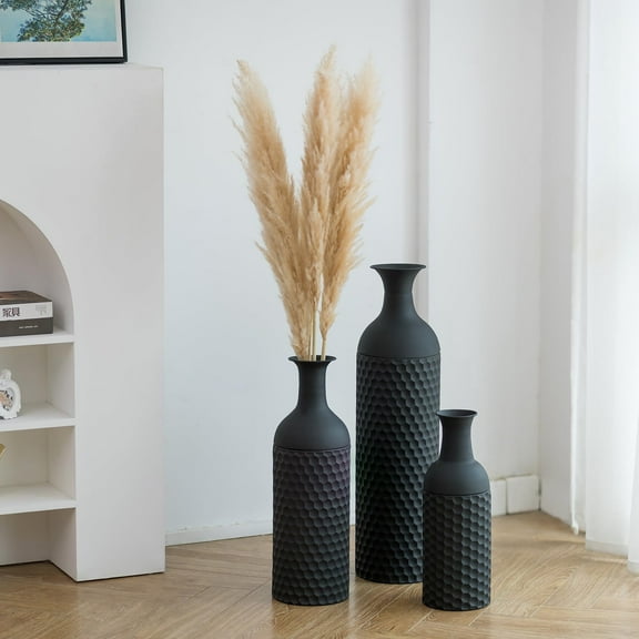 Sziqiqi Large Black Vases Set of 3: Metal Floor Standing Vase Modern Honeycomb Texture Big Standing Vase for Living Room Dining Bedroom Home Corner Hallway Indoor Office