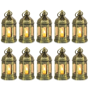 Sziqiqi Mini Lanterns Decorative for Centerpiece: 10pcs Gold Hanging Small Lanterns Bulk with Flickering LED Candles for Wedding Decor, Christmas Table, Batteries Include