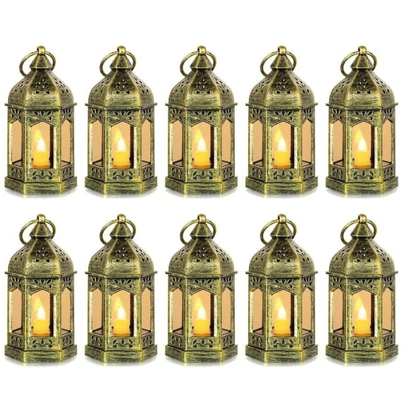 Sziqiqi Mini Lanterns Decorative for Centerpiece: 10pcs Gold Hanging Small Lanterns Bulk with Flickering LED Candles for Wedding Decor, Christmas Table, Batteries Include