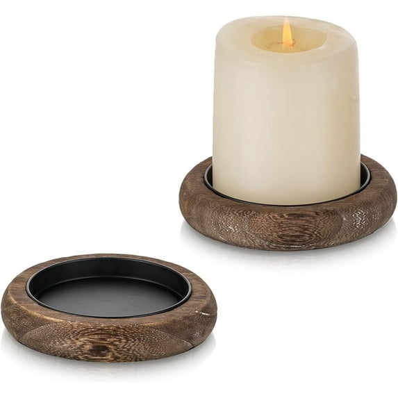 Sziqiqi Wood Candle Holder Farmhouse Decor - Pillar Candle Holders for Table Centerpiece Small Tray Riser Set of 2 Round Wooden Plate Pedestal Stand for Coffee Table Home Living Room, Brown