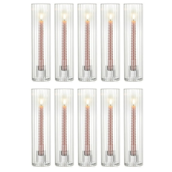 Sziqiqi Set of 10 Ribbed Glass Hurricane Candle Holders: 11.8" Tall Fluted Taper Candle Sticks with Heavy Base Windproof Centerpiece for Dining Table Wedding Decor (Candles Not Included)