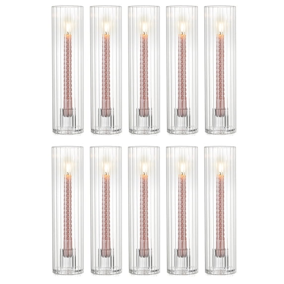 Sziqiqi Set of 10 Ribbed Glass Hurricane Candle Holders: 11.8" Tall Fluted Taper Candle Sticks with Heavy Base Windproof Centerpiece for Dining Table Wedding Decor (Candles Not Included)