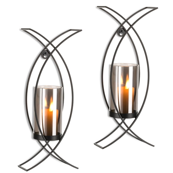 Sziqiqi Set of 2 Black Geometric Wall Sconces with Glass Shades: Modern Matte Black Candle Holders for Indoor Outdoor Wall Decor Living Room Bedroom Office Hallway Mantel Lounge Corridor