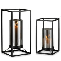 Sziqiqi Set of 2 Black Modern Farmhouse Lanterns - Glass Hurricane Candle Holders for Indoor/Outdoor, Table Centerpiece, Wedding, Fireplace Decor (5.11" & 6.1")