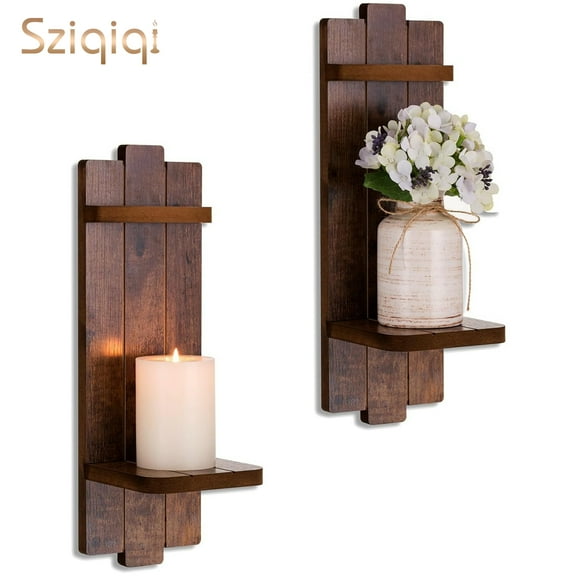 Sziqiqi Set of 2 Brown Wooden Wall Candle Sconces - Gothic Distressed Candle Holders Shelf for Pillar Candles & Tealights, French Country Wall Decor (15.75x5.1in)