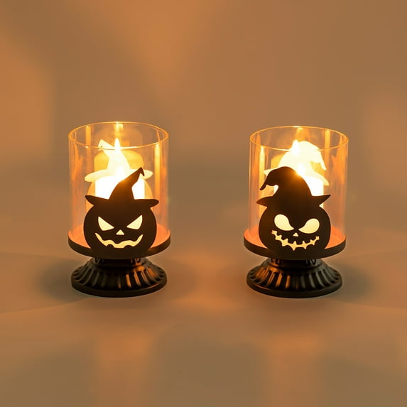Sziqiqi Set of 2 Halloween Tea Light Holder: Gothic Pumpkin Metal Candle Holder with Removable Glass Cover Spooky Wall Projection Effect for Table Mantel Party Decor (4.7")