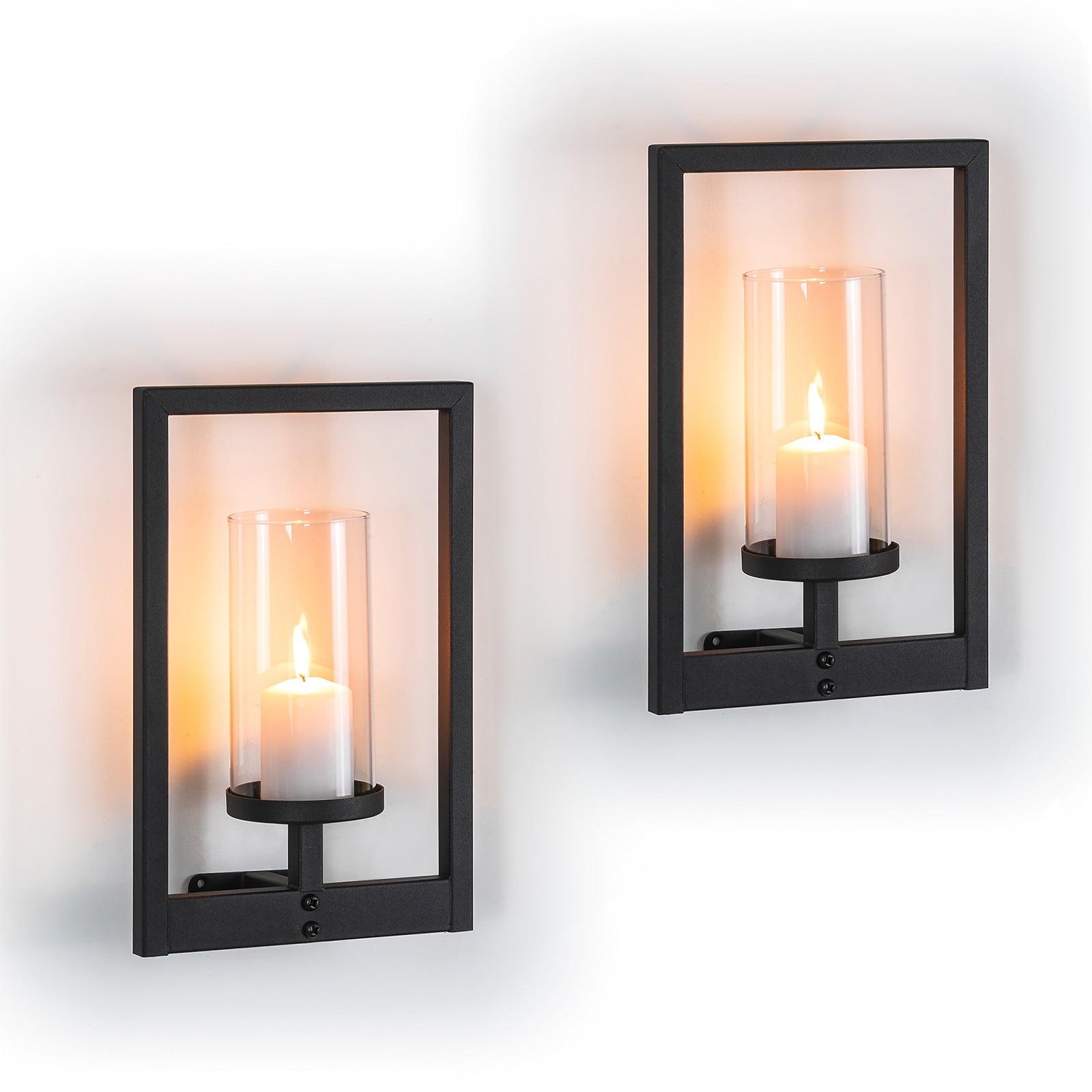 Sziqiqi Set of 2 Black Wall Candle Sconces with Glass Shades: Modern Square Metal Hurricane Holder for Pillar Candles Living Room Bedroom Bathroom Hallway Decor