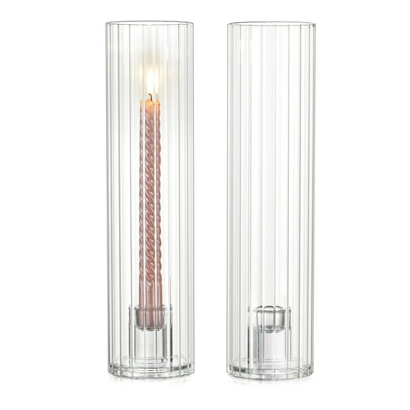 Sziqiqi Set of 2 Ribbed Glass Hurricane Candle Holders: 11.8" Tall Fluted Taper Candle Sticks with Heavy Base Windproof Centerpiece for Dining Table Wedding Decor (Candles Not Included)