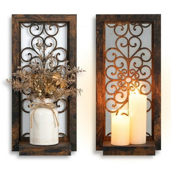 Sziqiqi Set of 2 Rustic Wood Wall Candle Holders with Mirror: Farmhouse Decor for Indoor Use, Brown Threaded Pattern Shelves for Fireplace Bathroom Hallway