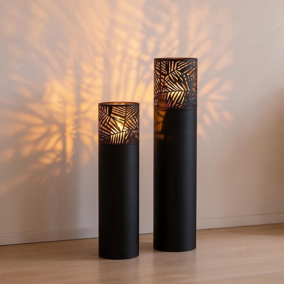Sziqiqi Set 2 Tall Black Outdoor Floor Candle Holders with Palm Leaf Cutout, 37.4" 29.5" Large Cylinder Lanterns for Patio Light-Projecting Shadow Casting for Garden Living Room Fireplace