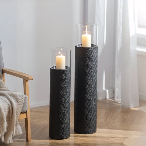 Sziqiqi Set of 2 Tall Hurricane Candle Holders: 34/27 inch Black Floor Metal Stand for Pillar Candle Elegant Ambiance Living Room Porch Indoor Outdoor