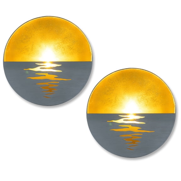 Sziqiqi Set of 2 Wall Sconce with Sunrise Design LED Tealight: Gold Foil Geometric Candle Holder for Living Room Bedroom Indoor Home Decor Easy Mount Light