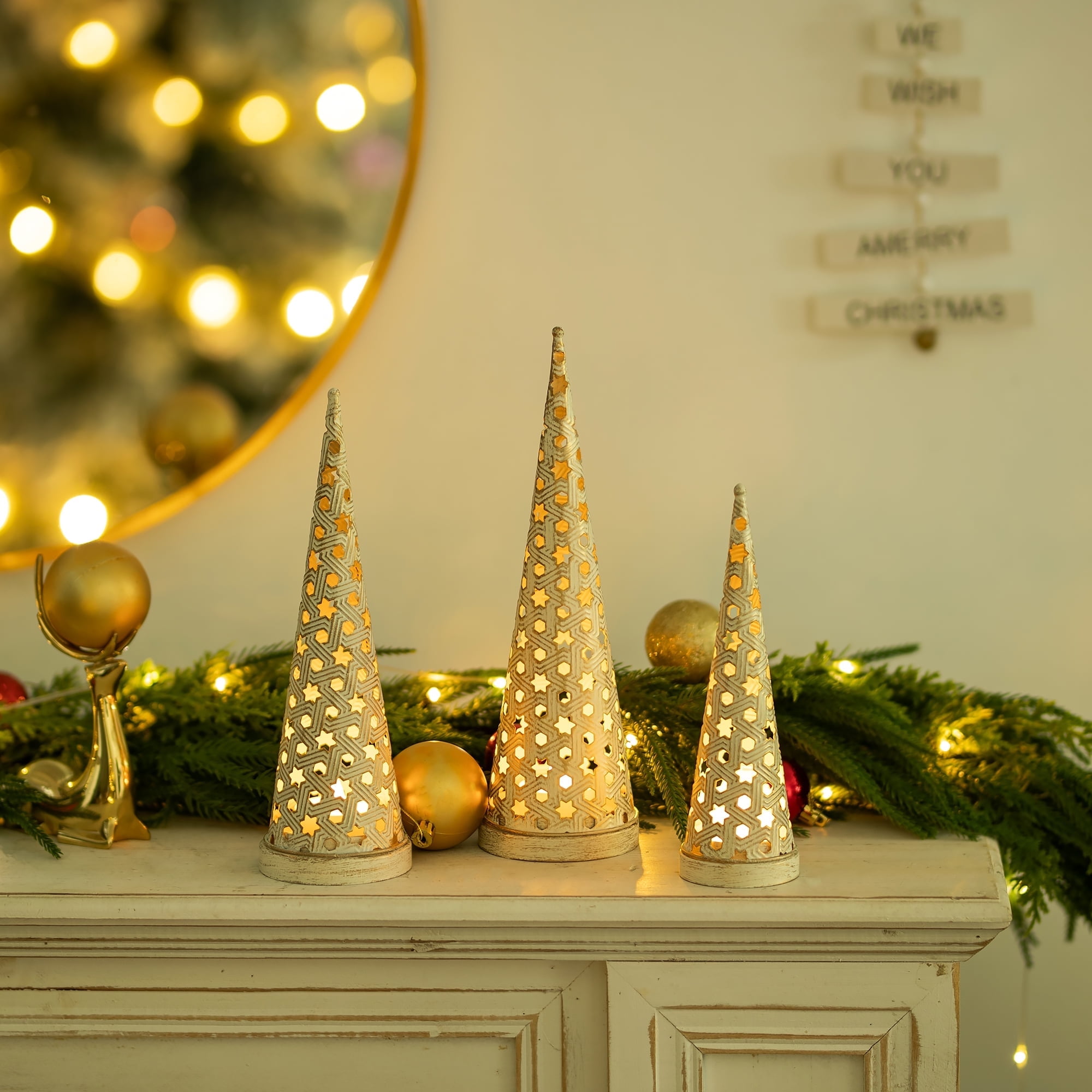 Sziqiqi Set of 3 Vintage White LED Christmas Tree Tealight Holders: 11 Inches Flameless Metal Tabletop Decor with Laser-Cut Star Design for Mantle Fireplace Vintage Holiday