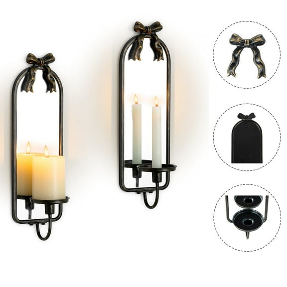 Sziqiqi Set of 2 Decorative Wall Mounted Candle Holders: Black Metal Sconces with Mirror for Taper Candles Living Room Bedroom Hallway