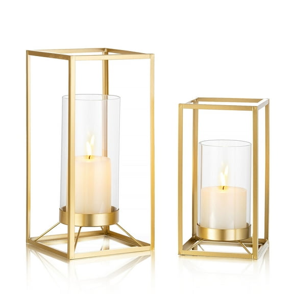 Sziqiqi Set of 2 Gold Metal Lantern with Glass: Farmhouse Candle Holders for Table Centerpiece Fireplace Mantle Shelf Decor (12" & 9")