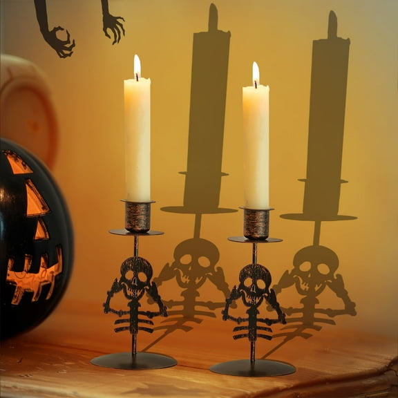 Sziqiqi Set of 2 Gothic Skull Candle Holders Black Metal Taper Candlesticks for Halloween Table Decor 5.9" Spooky Centerpiece for Dining Room Party